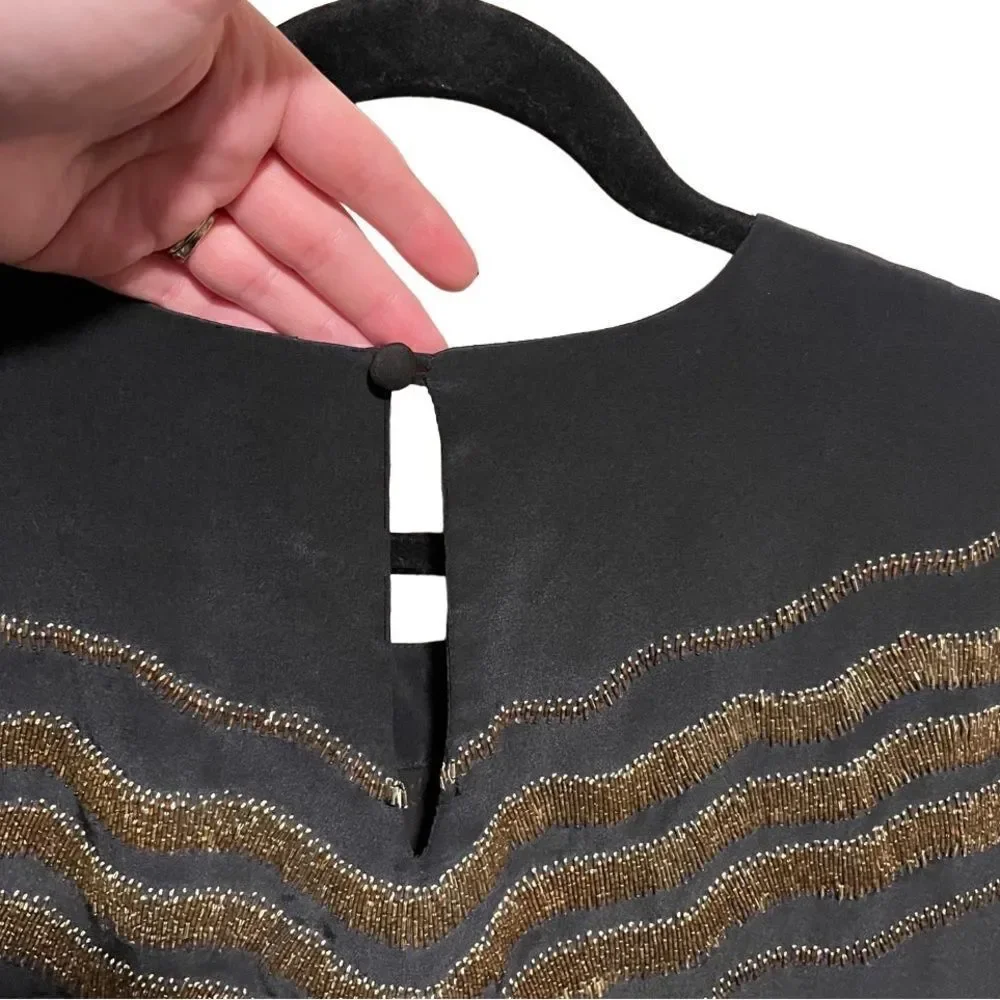 RUNGOLEE- Women’s Black Silk Blouse w Gold Beaded Design, Size Small - Picture 6 of 9